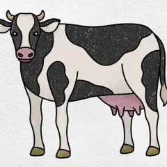 Una vaca para dibujar, con manchas negras y blancas, cuernos y ubres rosadas.