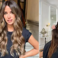 Cabello largo y ondulado con reflejos dorados, como besado por el sol. Un estilista ajusta su melena en un salón de belleza.