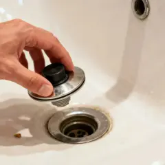 A hand holds a bathtub drain stopper, demonstrating how to remove bathtub drain parts for cleaning or repair.
