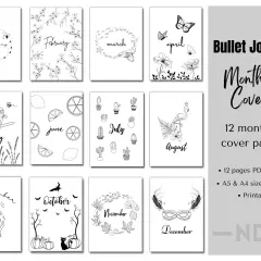 Diseños de bullet journal portada para cada mes, desde enero con luna hasta diciembre con antifaz.