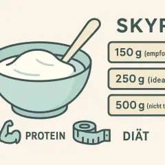 Schüssel mit Skyr, Protein-Symbol und Maßband. Die Frage "ist Skyr gesund?" wird durch empfohlene Portionsgrößen beantwortet.