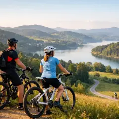 Para rowerzystów podziwia malowniczy krajobraz z jeziorem i wzgórzami. Idealne miejsce na odkrywanie tras rowerowych Podkarpacia.