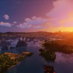 Zachód słońca nad wodą i wyspami, z chmurami i gwiazdami na niebie, dzięki Sildurs Vibrant Shaders.