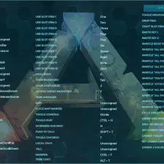 Ekran ustawień klawiszy w Ark Survival Evolved. Pozwala na dostosowanie sterowania, np. do poruszania się, używania przedmiotów czy wydawania komend zwierzętom.