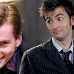 David Tennant, l'acteur du Docteur Who, dans deux expressions distinctes : une malicieuse et une autre plus contemplative, tenant son tournevis sonique.