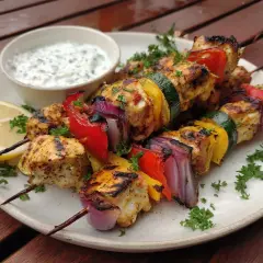 Saftiga kycklingspett grillade med paprika, lök och zucchini. Serveras med en fräsch yoghurtsås och citronklyfta.