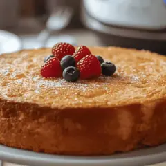 Gâteau doré, garni de framboises et myrtilles, saupoudré de sucre glace. Un délice qui vous fait demander : amidon c'est quoi ?