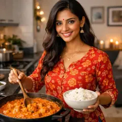 En kvinna i köket rör i en gryta med tikka masala och håller en skål med ris.
