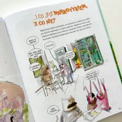 Ilustracja z książki o narkotykach: zwierzęta w gabinecie, szafka pełna dziwnych substancji.