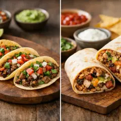 Hier siehst du, was sind Burritos: gefüllte Tortillas mit Reis, Fleisch und Gemüse, daneben Tacos mit ähnlicher Füllung.
