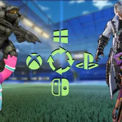 Gry cross play Xbox PC: Master Chief, Fall Guy, Dante i Ash z Apex Legends na tle stadionu.