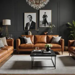 Elegante cognac Ledersofas mit Kissen, kombiniert mit einem dunklen Couchtisch und Kunst an der Wand. Tolle Ideen für Ihr Wohnzimmer.