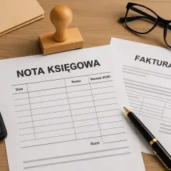 Na biurku leży kalkulator, pieczątka, okulary i dokumenty: nota księgowa oraz faktura VAT.