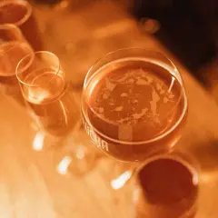 Kilka kieliszków z bursztynowym napojem, jeden z nich z widocznym napisem "kombucha".