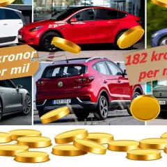 Elbilars driftkostnad elbil varierar. Bilden visar olika elbilar med prislappar som 54 och 82 kronor per mil, samt guldmynt.
