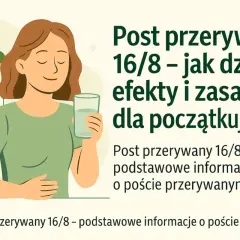 Kobieta z uśmiechem pije wodę, obok kalendarz i zegar. Temat: post przerywany 16/8.