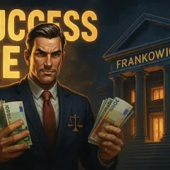 Mężczyzna w garniturze trzyma banknoty euro. W tle budynek z napisem "FRANKOWICZE" i napis "SUCCESS FEE".