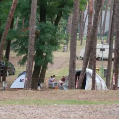 Relaks na polu namiotowym Boszkowo. Ludzie siedzą przy stole, obok namioty i przyczepa kempingowa.