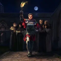 Rycerz z pochodnią w ręku, otoczony mnichami, w nocnym dziedzińcu klasztornym. Zapowiedź Kingdom Come: Deliverance II.
