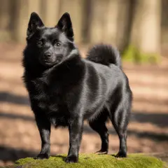 Un perro negro, con pelaje brillante y cola enroscada, posa en un tronco cubierto de musgo en un bosque.