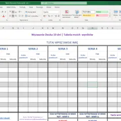 Tabela Excel do śledzenia postępów w wyzwaniu "Deska 10 dni". Zawiera kolumny na serie, powtórzenia i czas, pomagając w monitorowaniu treningu.