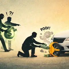 Uomo in ginocchio mette soldi in una ganascia per ruota, mentre altri uomini con un sacco di soldi indicano. Come proteggere l'auto dal pignoramento.
