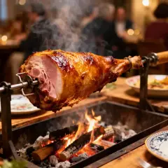 Un jambon de 10 kg rôti à la broche sur des braises ardentes, dégageant une vapeur alléchante. Le temps de cuisson parfait pour ce festin.