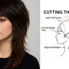 En kvinna med en modern wolf cut frisyr. Bredvid en illustration som visar hur man klipper en wolf cut.