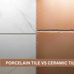 Comparing porcelain vs ceramic tile: smooth white marble-look porcelain on the left, rustic terracotta-colored ceramic on the right.