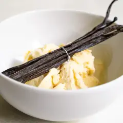 Schüssel mit cremigem, schnellem Vanilleeis, garniert mit dunklen Vanilleschoten. Perfekt für die Eismaschine!