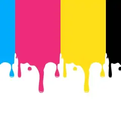 Kolory cmyk: cyjan, magenta, żółty i czarny spływają w dół, tworząc krople.