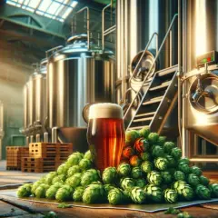 Un verre de bière ambrée repose sur un lit de houblon vert, au milieu d'une brasserie moderne. Le brasseur a du travail !