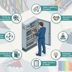 Ilustracja przedstawia elektryka pracującego przy panelu sterowania, z ikonami symbolizującymi bezpieczne procedury, takie jak weryfikacja pomiarami, jasne oznakowanie, kontrola dwuosobowa i odpowiednie oświetlenie. Różne **kolory faz** kabli są widocz...
