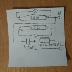Schemat podłączenia dwóch świetlówek LED 20W z kondensatorem 4,5µF i dławikiem 1xFL 36-40W.