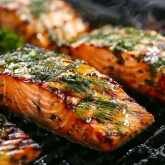 Saftiga bitar av lax som grillas med örter och citron. Doften av grillad lax sprider sig i köket.