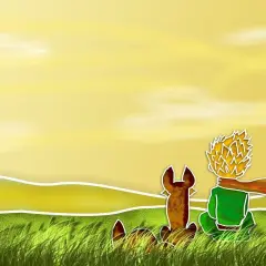 Lis uczy Małego Księcia o przyjaźni i tym, co niewidoczne dla oczu, siedząc razem na tle złocistego nieba.