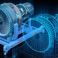 Dwóch silników odrzutowych w technologii digital twin, prezentowanych w formie niebieskiego schematu na czarnym tle.