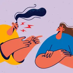 Dwie kobiety w trakcie kłótni, jedna wskazuje palcem, druga słucha. Ilustracja do rozprawki o przyjaźni.