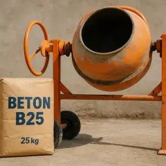 Pomarańczowa betoniarka i worek z napisem "BETON B25 25 kg". Różne rodzaje betonu czekają na przygotowanie.