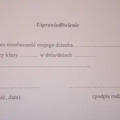 Szablon usprawiedliwienia nieobecności ucznia z powodu choroby. Wypełnij dane dziecka, daty i powód.