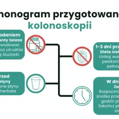 Harmonogram przygotowania do kolonoskopii: odstaw żelazo 5 dni przed, dieta niskobłonnikowa 1-3 dni przed, klarowne płyny dzień przed, środek przeczyszczający 5h przed.