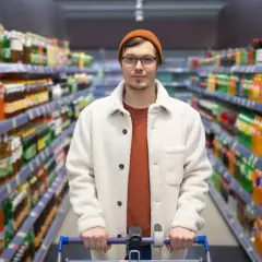 Mężczyzna z wózkiem sklepowym w alejkach pełnych napojów. Branża retail w praktyce, gdzie wybór jest ogromny.