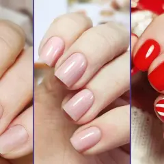Trzy etapy manicure: naturalne paznokcie, różowy hybrydowy, czerwony hybrydowy z paskami.