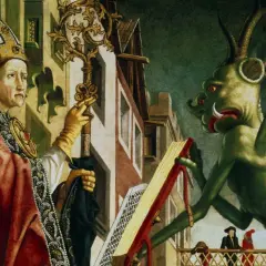Ein Bischof hält einen Schlüssel, während ein grünes Wesen, das an einen satanistischen Dämon erinnert, ein Buch hält.