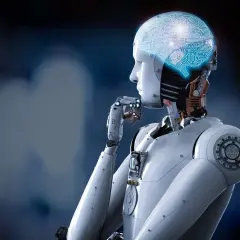 Robot z świecącym mózgiem w kształcie obwodów drukowanych, zastanawiający się nad tym, czym jest kognitywistyka.