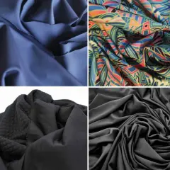 Four fabric swatches: navy blue, colorful geometric print, textured black, and smooth black. Discover the best fabric for workout clothes.