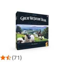 Gra planszowa "Great Western Trail Nowa Zelandia" z owcami i pasterzem na koniu na tle malowniczego krajobrazu.