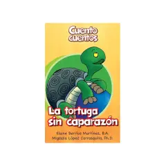 Ilustración de "La tortuga sin caparazón", un cuento infantil con una tortuga verde sonriente y su caparazón decorado.