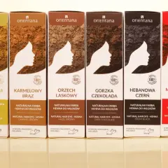 Sześć pudełek Orientana z naturalnymi farbami do włosów, w tym henną. Odcienie: bezbarwna cassia, karmelowy brąz, orzech laskowy, gorzka czekolada, hebanowa czerń, mahoniowa czerwień.