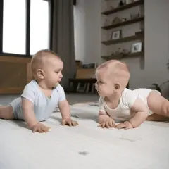 Dwa niemowlęta w body leżą na macie i patrzą na siebie.